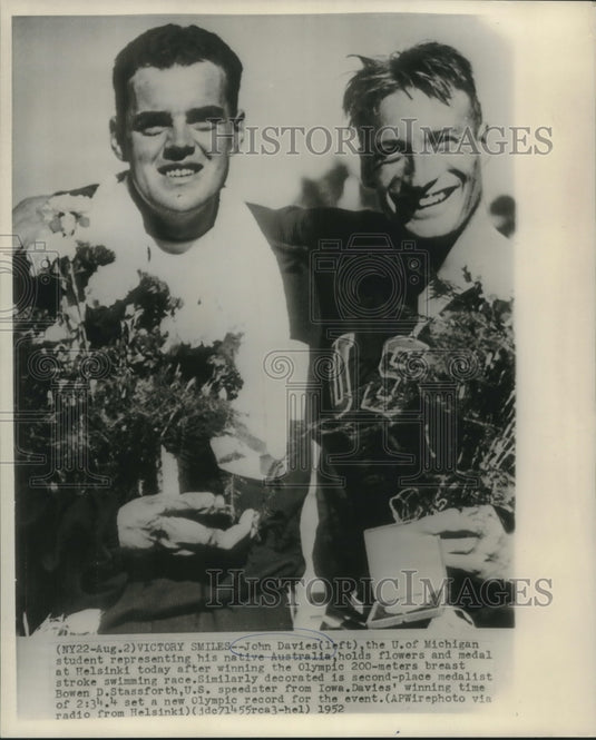 1952 Press Photo John Davies and Bowen D. Stassforth with Swimming Awards- Historic Images