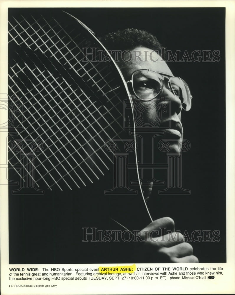 1995 Press Photo Arthur Ashe Tennis Player on Televisions &quot;Citizen of the World&quot; - Historic Images