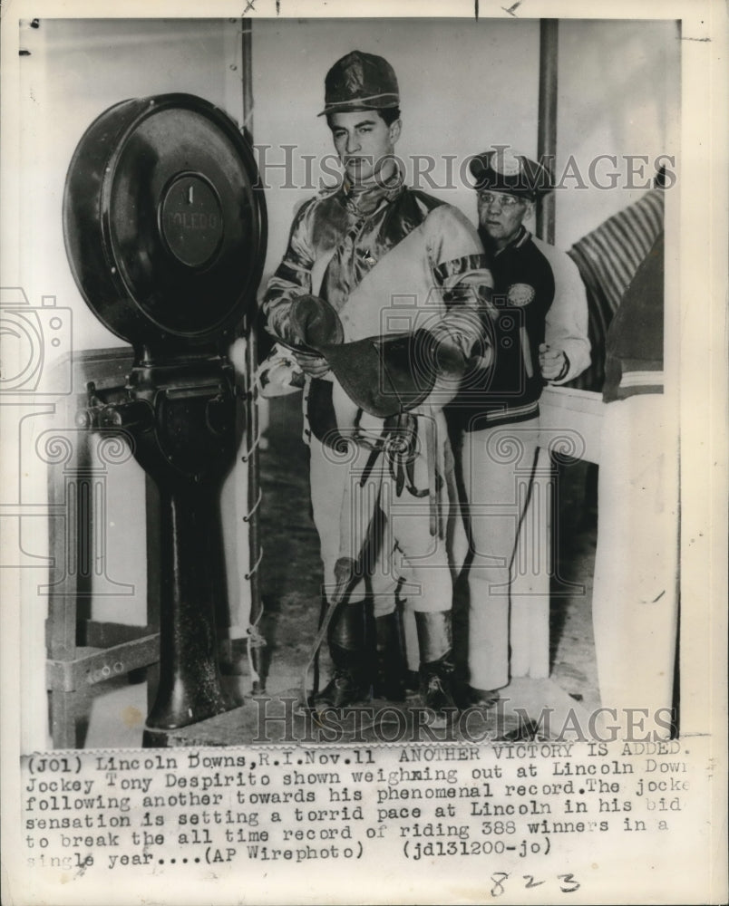 Press Photo Jockey Tony Despirito Weighing Out at Lincoln Downs - nos09397 - Historic Images