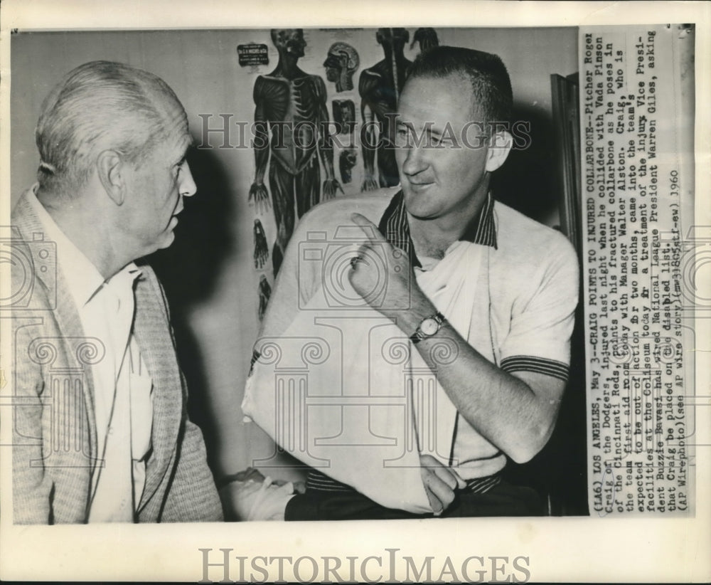 1960 Press Photo Baseball Pitcher Roger Craig of the Dodgers, injured collarbone - Historic Images