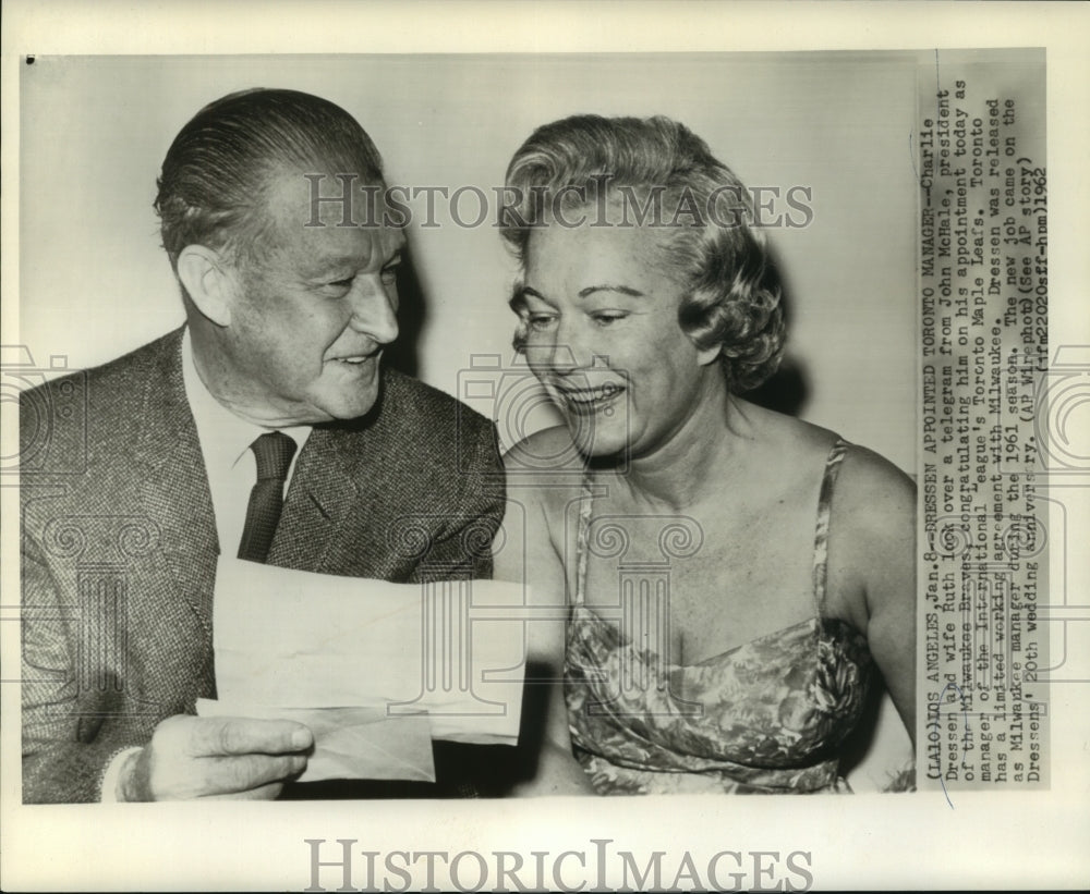 1962 Press Photo Charlie Dressen, Toronto Maple Leafs Baseball Manager and Wife - Historic Images