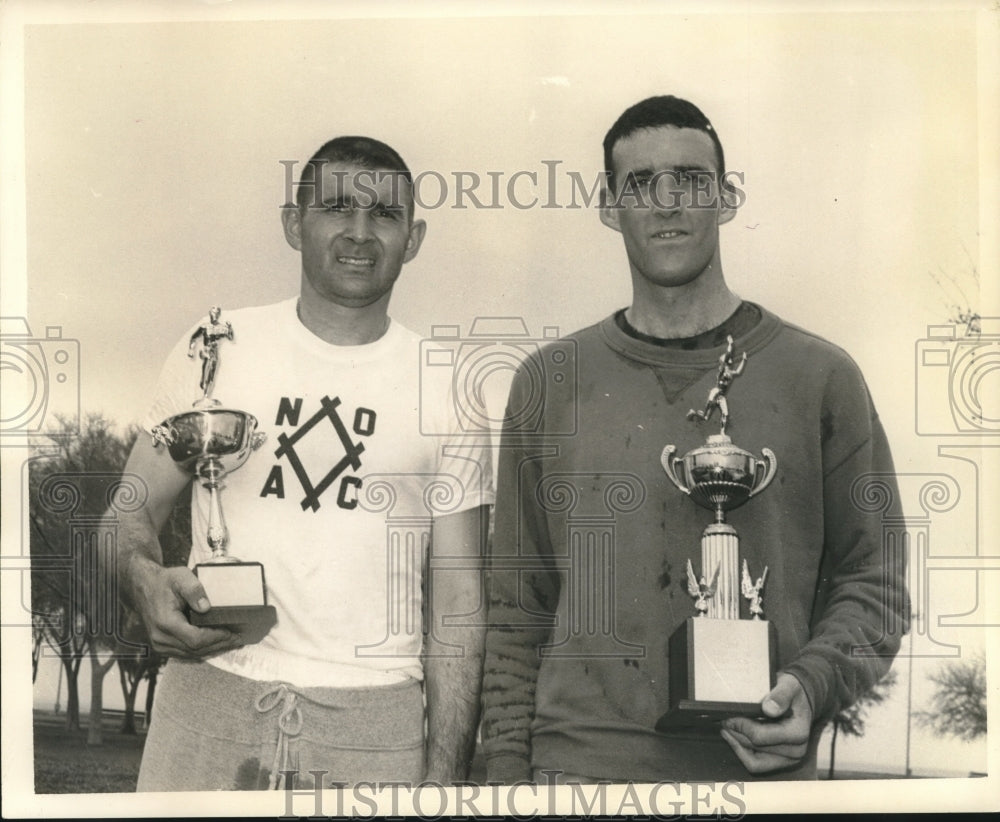 Press Photo Track - Larry Fueslier and Henry Belin with Trophies - nos12345 - Historic Images