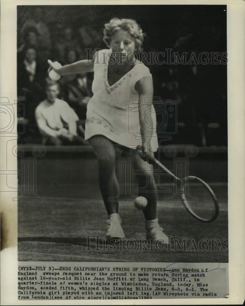 1962 Press Photo Tennis player Ann Haydon of England in Wimbledon quarterfinal - Historic Images