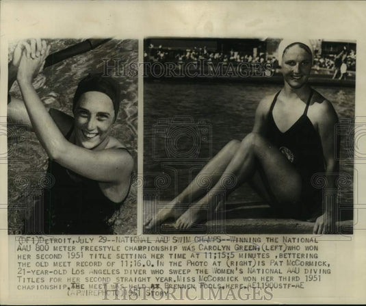 1951 Press Photo AAU /swimming, diving champions Carolyn Green, Pat McCormick - Historic Images