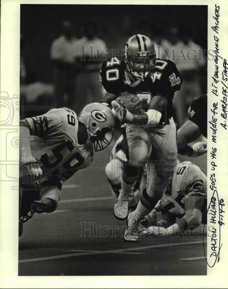 1986 Press Photo New Orleans Saints football player Dalton Hilliard vs. Packers- Historic Images