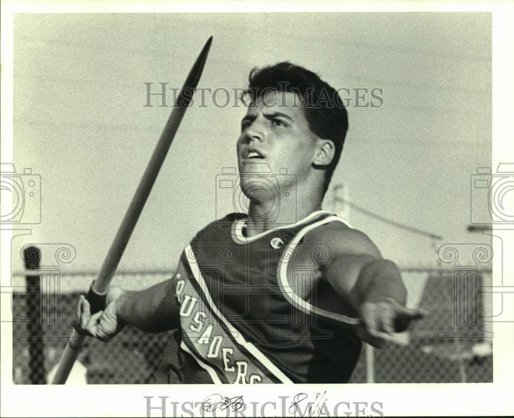 1987 Press Photo Crusaders Javelin thrower Jeff Huth - nos16974- Historic Images