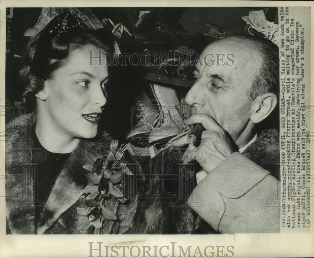 1960 Press Photo Figure skater Carol Heiss and coach Pierre Brunet - nos18340- Historic Images