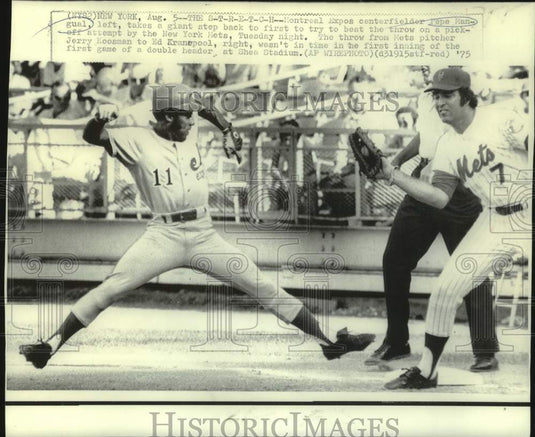 1975 Press Photo Montreal Expos Pepe Mangual & NY Mets Ed Kranepool in Action- Historic Images
