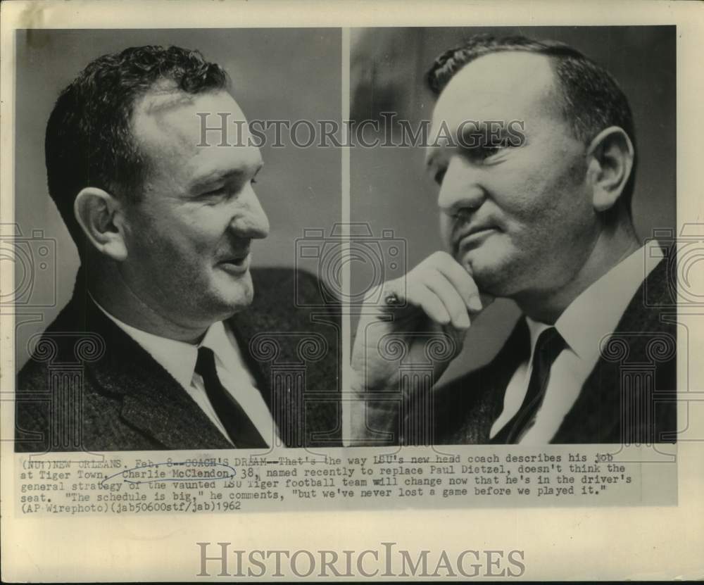 1962 Press Photo Football - Two Views of LSU New Coach Charlie McClendon - Historic Images