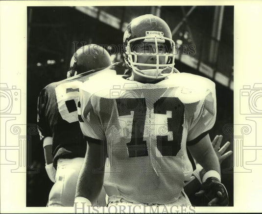 1980 Press Photo Arkansas football player Greg Kolenda practices for Sugar Bowl- Historic Images
