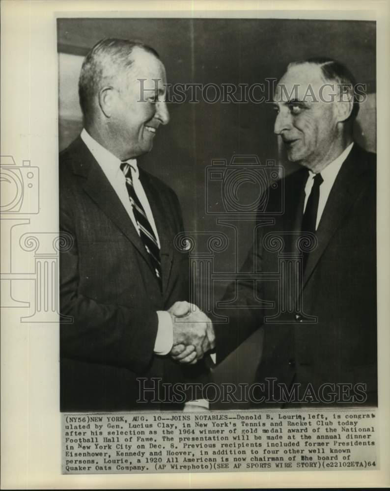 1964 Press Photo Donold B Lourie shakes hands with General Lucius Clay in NY - Historic Images