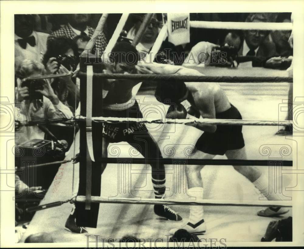 1978 Press Photo Boxer Jorge Lujan punches his way out of the corner of the ring - Historic Images