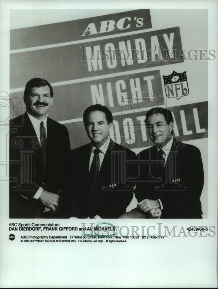 1990 Press Photo Football commentators Dan Dierdorf, Frank Gifford, Al Michaels - Historic Images