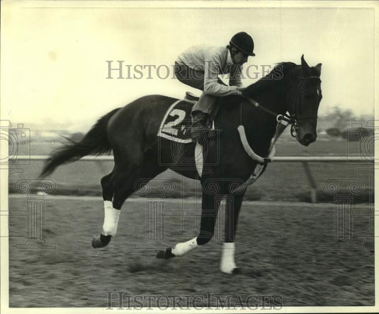 1970 Press Photo Race horse VIF, with jockey William Silva up rides on track- Historic Images