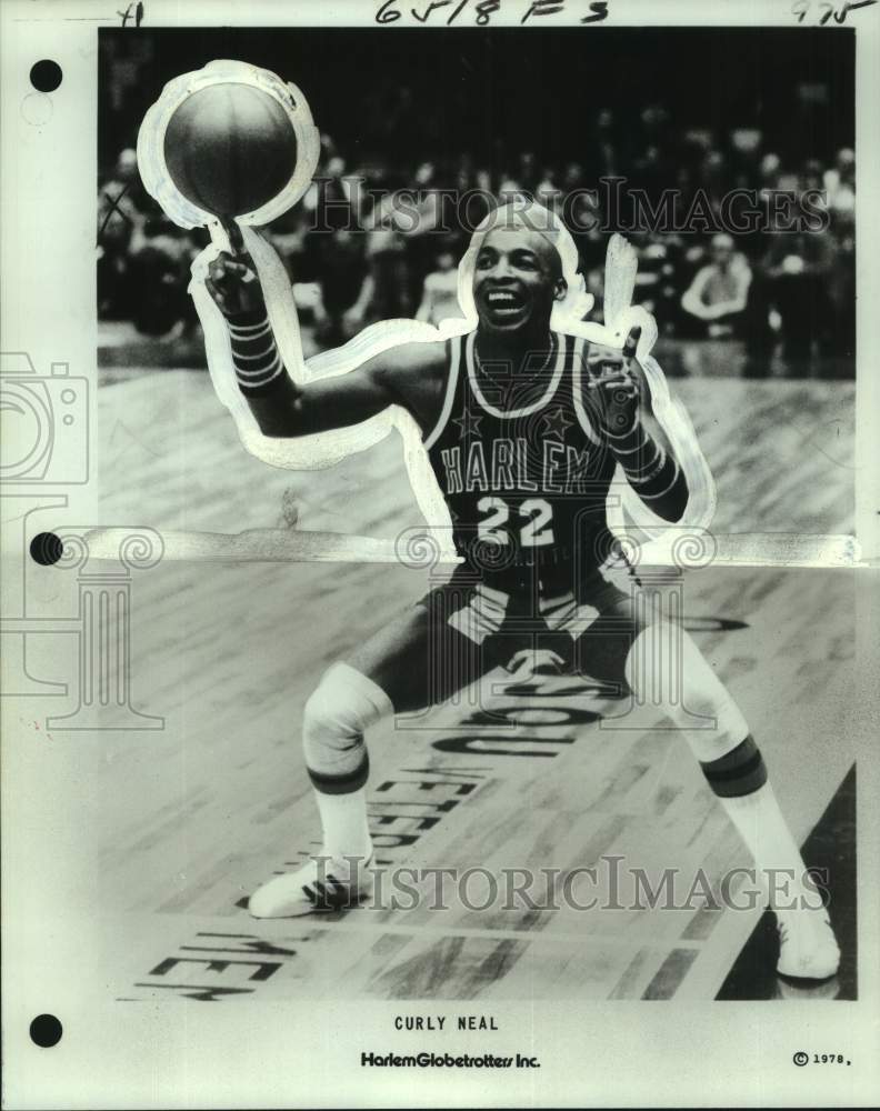 1978 Press Photo Harlem Globetrotters basketball player Curly Neal spins ball- Historic Images