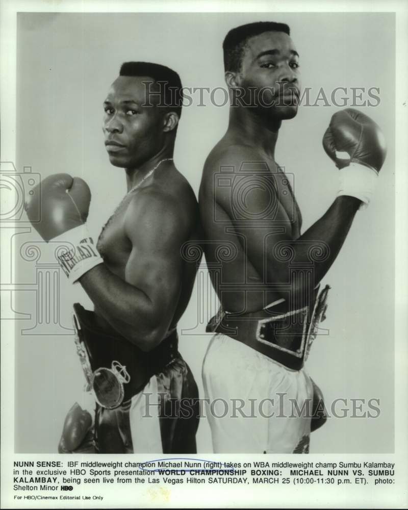 1989 Press Photo Boxers Sumbu Kalambay and Michael Nunn pose before their fight - Historic Images