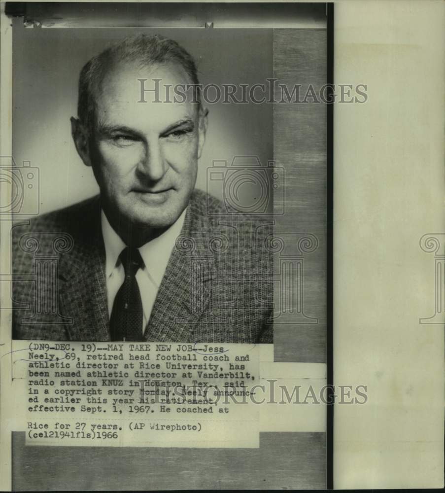 1966 Press Photo Portrait of Rice University head football coach Jess Neely- Historic Images