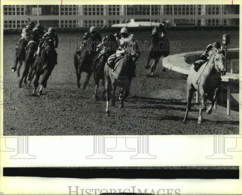 1990 Press Photo A group of race horses round the last turn at the track- Historic Images