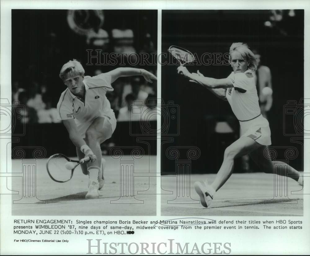 1987 Press Photo Wimbledon tennis champions Boris Becker, Martina Navratilova - Historic Images