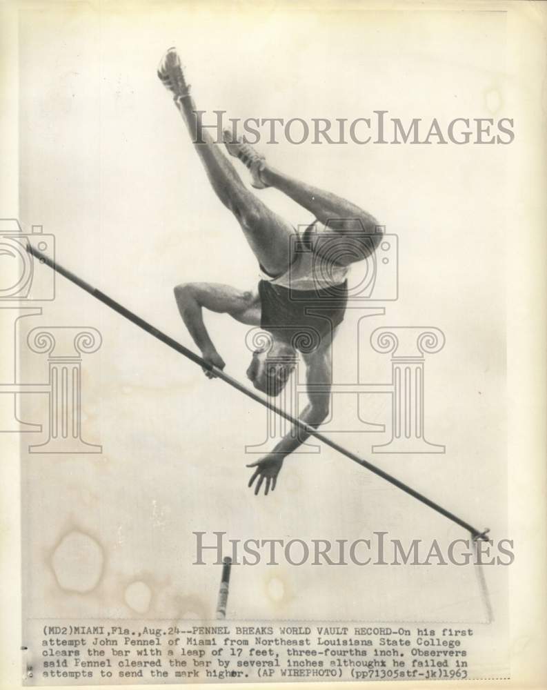 1963 Press Photo Word record NE Louisiana State pole vaulter John Pennel- Historic Images