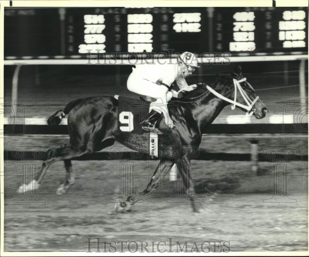 1989 Press Photo Race horse E.J. Ferrodin races down the track with jockey up - Historic Images