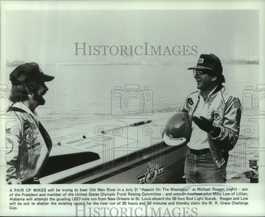 1982 Riverboat pilot Mike Low and Michael Reagan, stand by boat - Historic Images