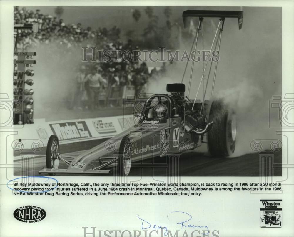 1986 Press Photo Top fuel drag racer Shirley Muldowney - nos29916- Historic Images