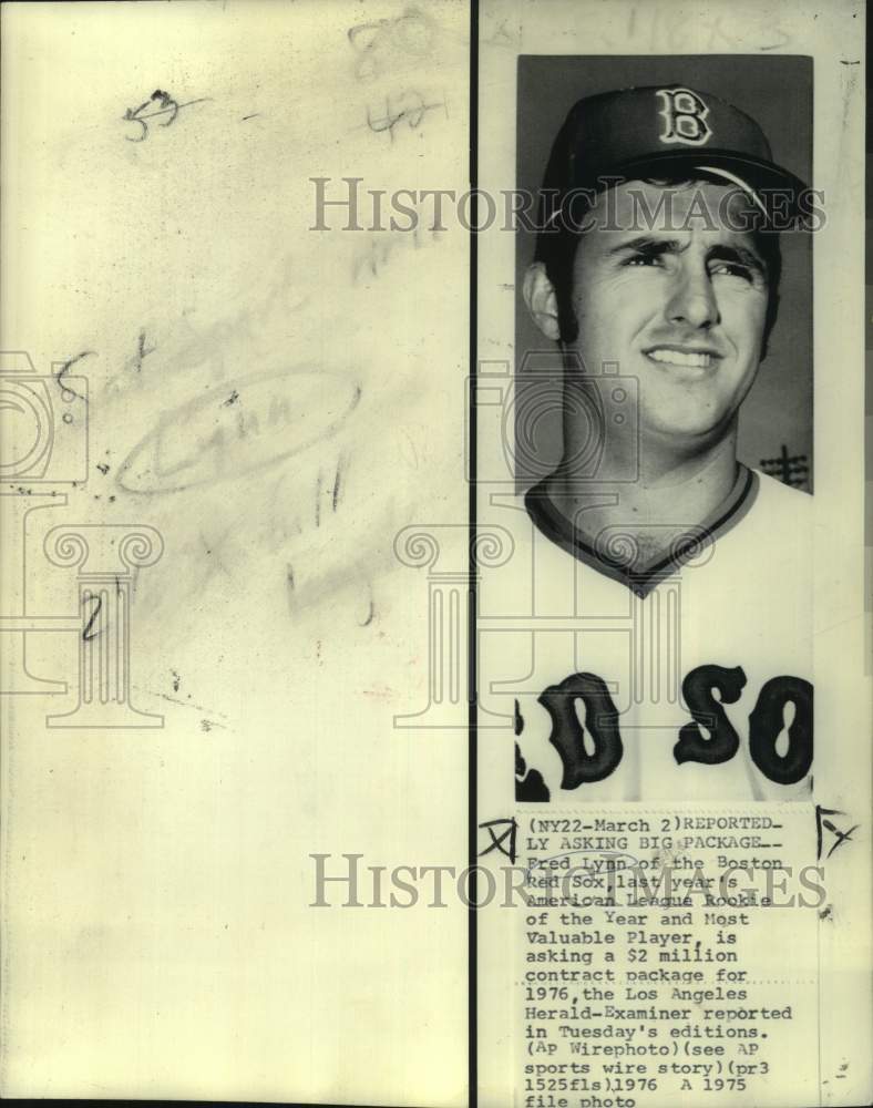 1975 Press Photo Close-up photo of Boston Red Sox baseball player Fred Lynn - Historic Images