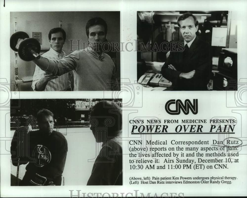 1989 Press Photo CNN host Dan Rutz interviews Ken Powers and Randy Gregg- Historic Images