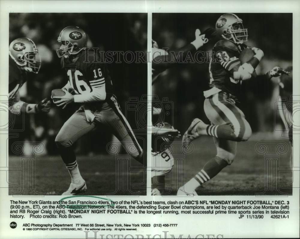 1990 Press Photo San Francisco 49ers football players Joe Montana &amp; Roger Craig- Historic Images