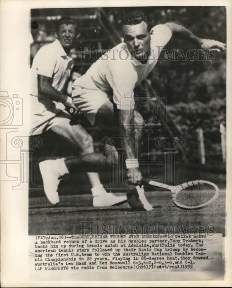 1955 Press Photo Vic Seixas, Tony Trabert at Australian National Doubles Tennis - Historic Images