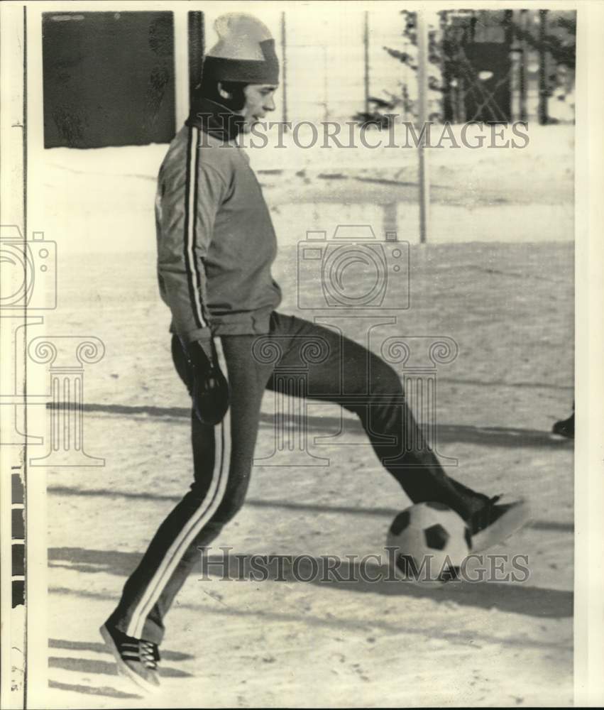 1972 Press Photo Karl Schranz Playing Soccer at Olympic Village, Sapporo, Japan- Historic Images