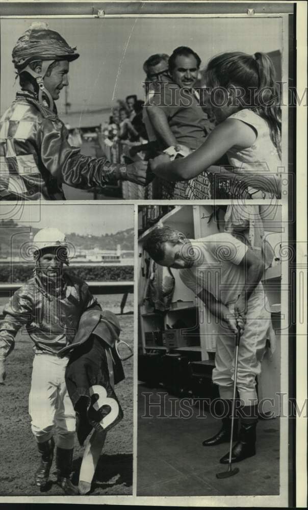 1979 Press Photo Jockey Willie Shoemaker greets fans, carries gear, plays golf - Historic Images