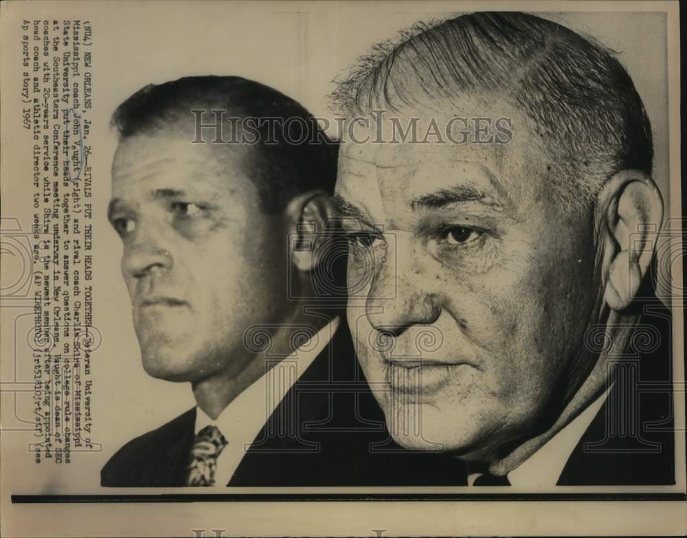 1967 Press Photo Football coaches John Vaught, Charlie Shira tackle rule changes - Historic Images