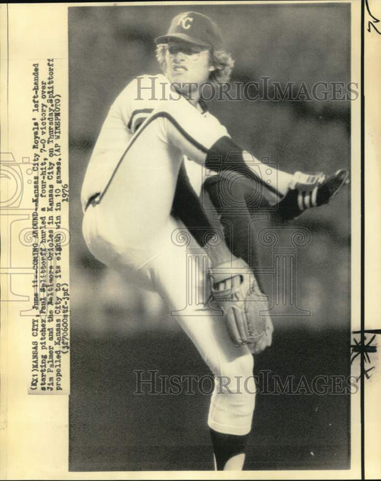 1976 Press Photo Kansas City Baseball Pitcher Paul Splittorff Hurls at Orioles- Historic Images