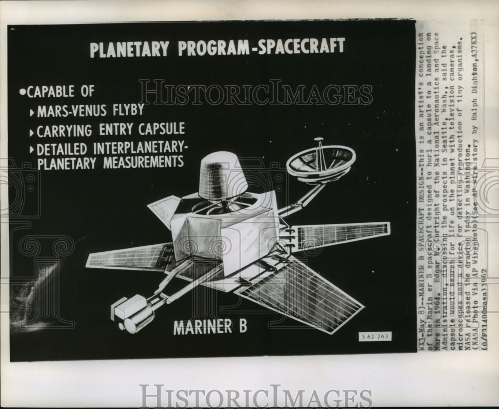 1962 Press Photo Artists Drawing of Mariner B Spacecraft - Historic Images