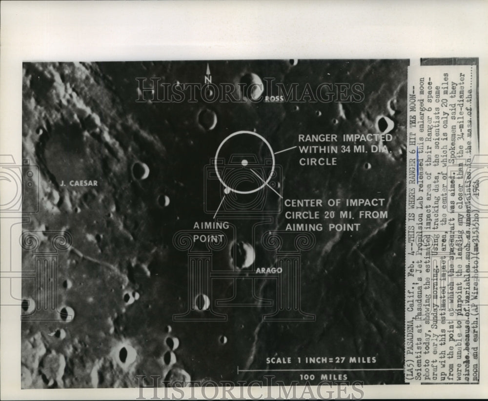 1964 Enlarged Moon Photo Showing Ranger 6 Area of Impact - Historic Images