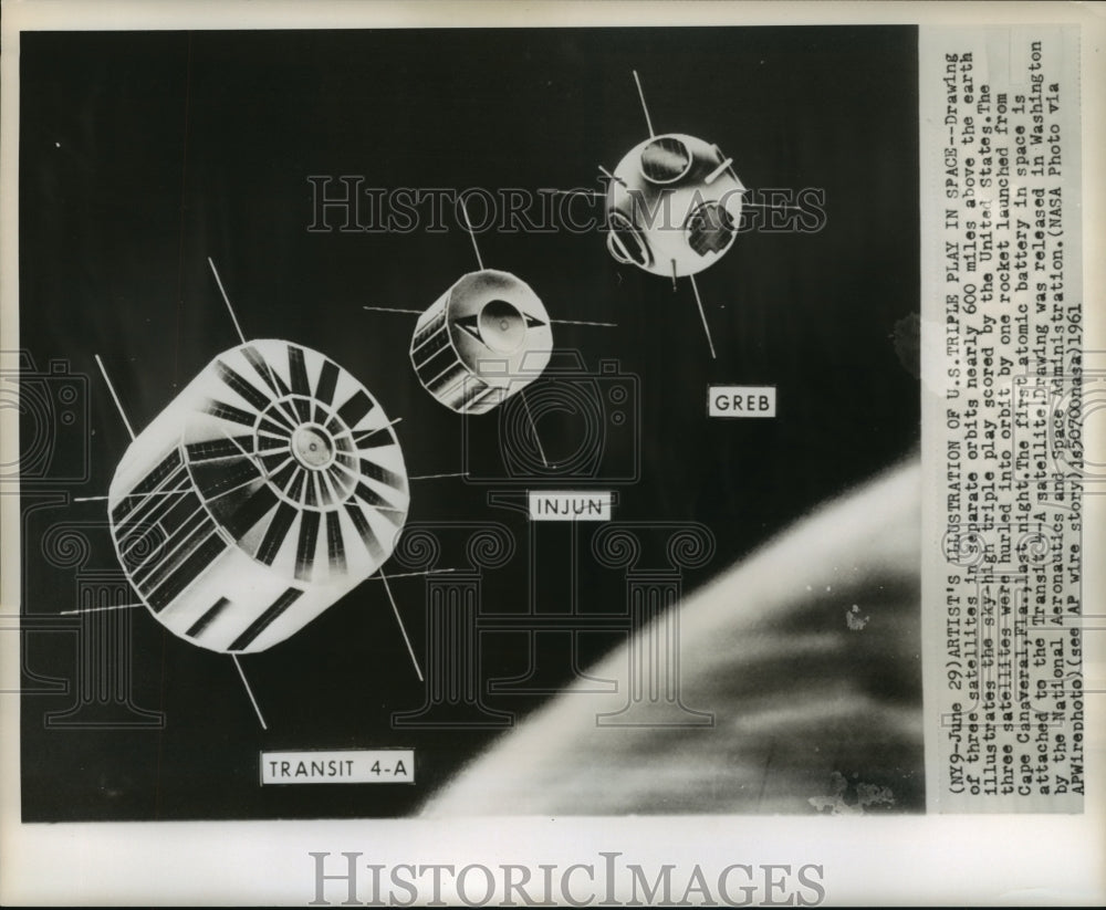 1961 Press Photo Artists Illustration of Satellite in Space Orbiting Earth- Historic Images