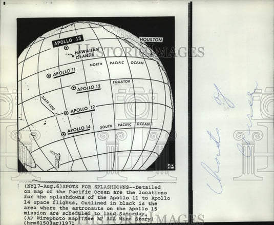 1971 Press Photo Map of Pacific Ocean Shows Splashdown Locations Apollo Flights-Historic Images