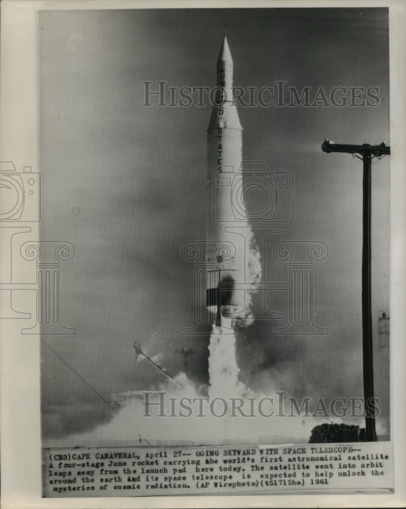 1961 Press Photo Four-Stage Juno Rocket & Space Telescope Launch, Cape Canaveral-Historic Images