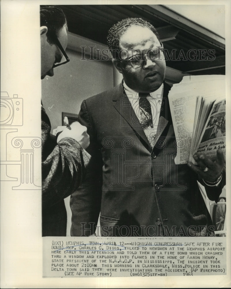 1963 Michigan Congressman Charles C. Diggs speaks about fire bomb-Historic Images