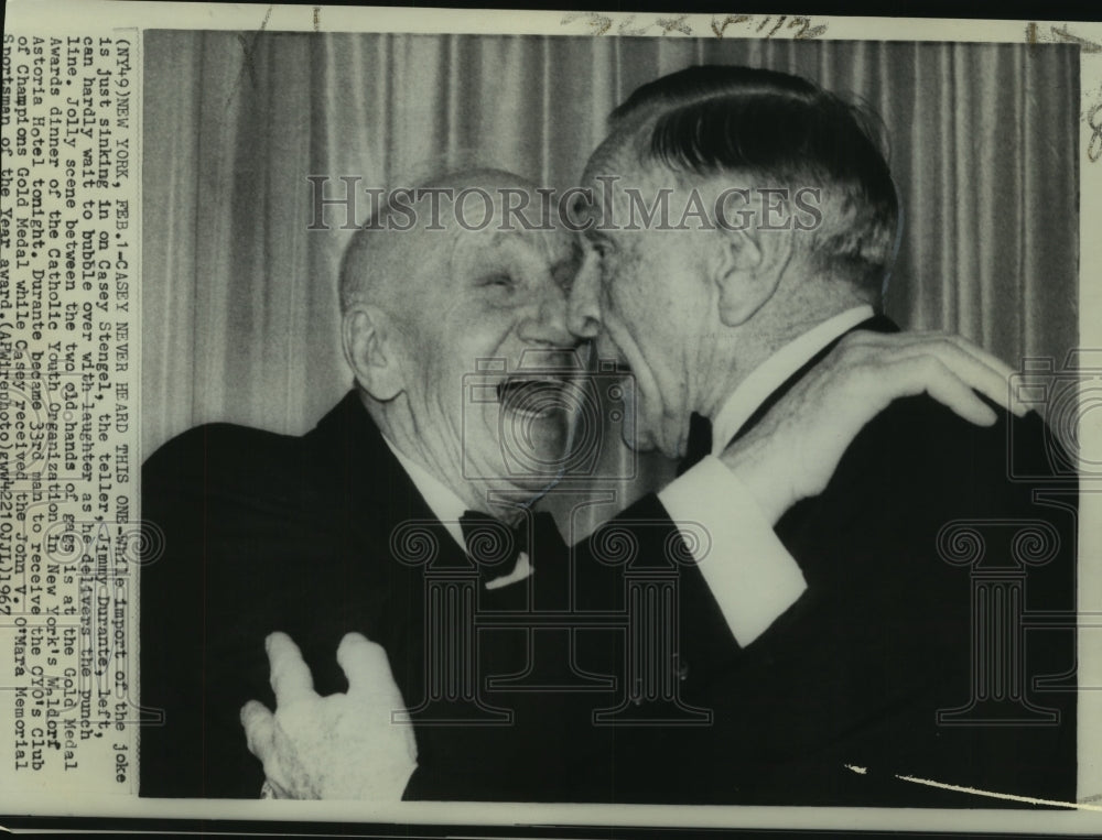 1967 Jimmy Durante tells joke to Casey Stengel at Gold Medal Awards - Historic Images