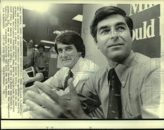 1974 Press Photo Michael Dukakis & Thomas O'Neill at press conference in Boston. - Historic Images