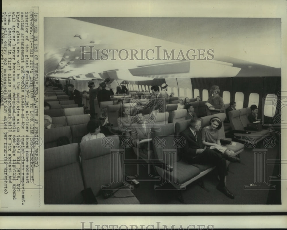 1967 The interior of the giant Boeing 747 jet airliner shows seating - Historic Images