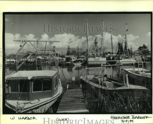 1989 Press Photo Boats docked at the Bayou Segnette, West Harbor - Historic Images