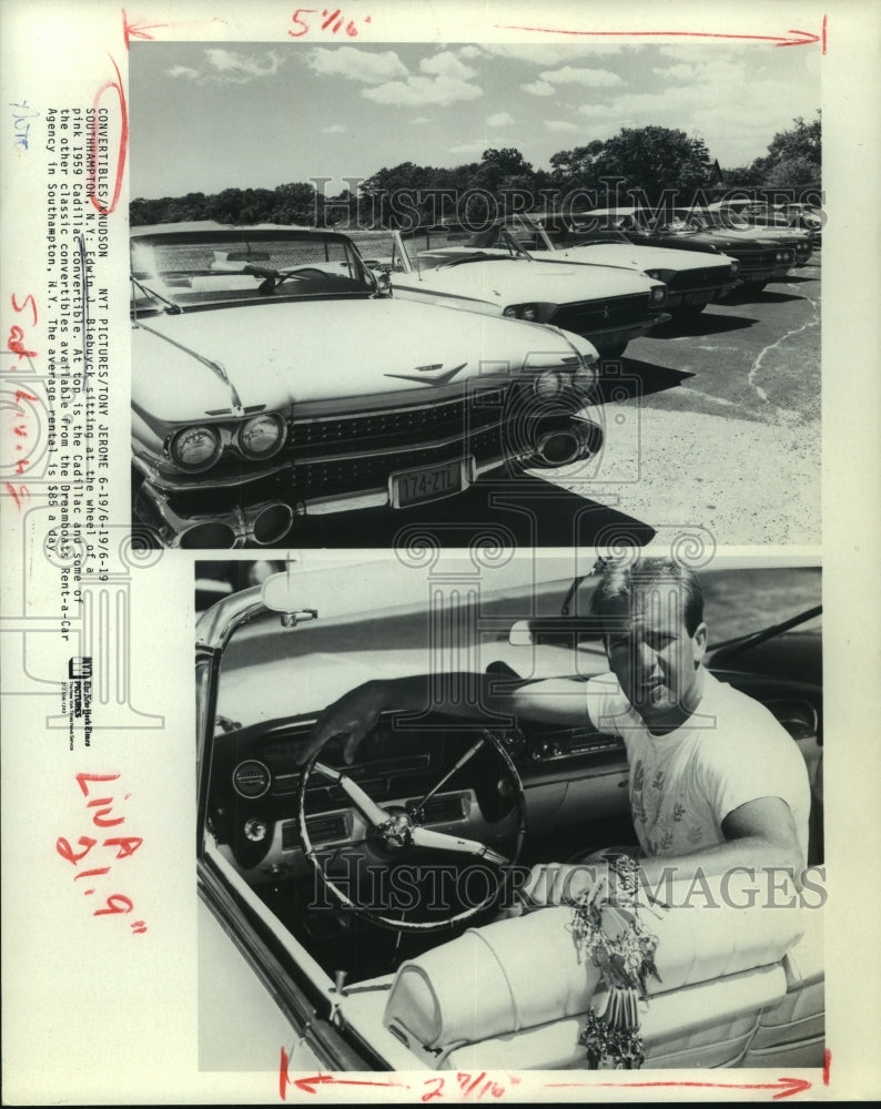 1986 Edwin Biebuyck at the wheel of a pink 1959 Cadillac Convertible - Historic Images