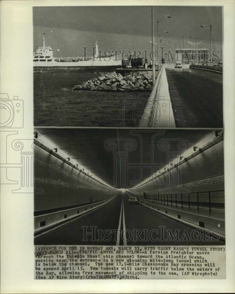 1964 A ships moves through a channel; cars travel through tunnel - Historic Images