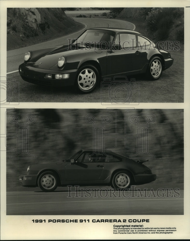 1990 Press Photo The new 1991 two-door Porsche 911 Carrera 2 Coupe on the road - Historic Images