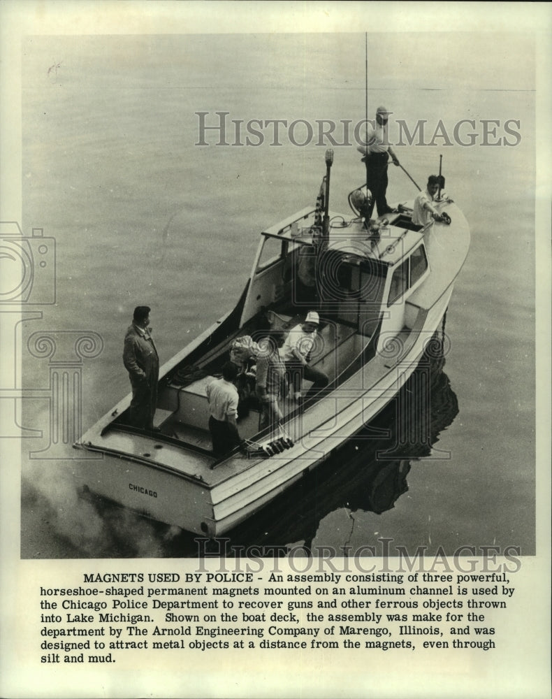 1968 Press Photo Horseshoe-shaped magnets mounted on a boat used by police - Historic Images