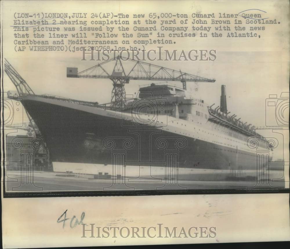 1963 Press Photo Cunard liner Queen Elizabeth 2 nearing completion in Scotland - Historic Images